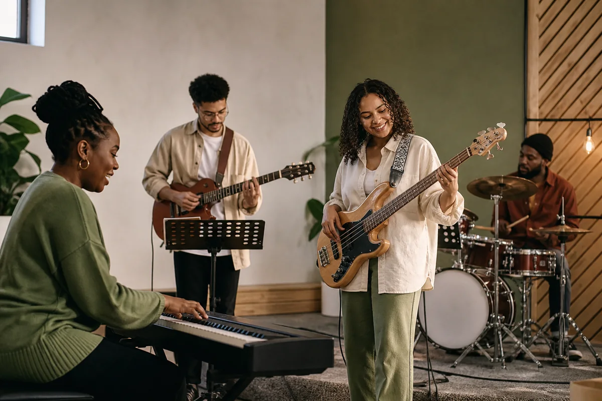 A worship band rehearsing with keyboard, guitars, and drums